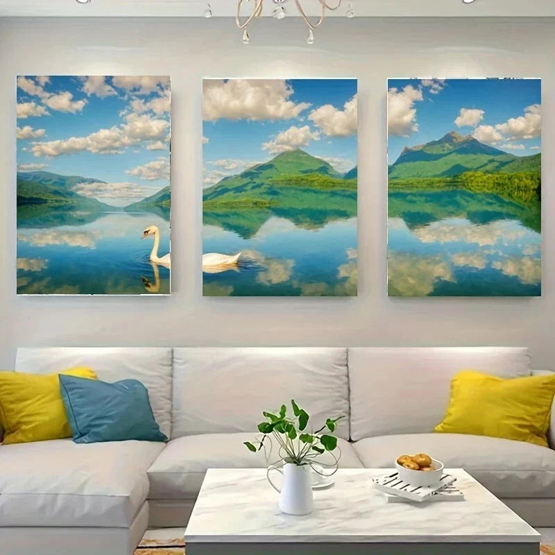 3pcs A White Swan Swimming in a Calm Metal Print Ready to Hang Art