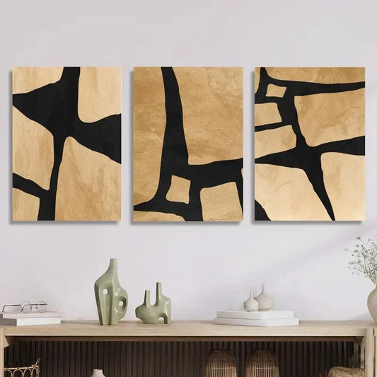 3pcs Geometric Abstract Lines in Beige And Black Metal Print Ready to Hang Art