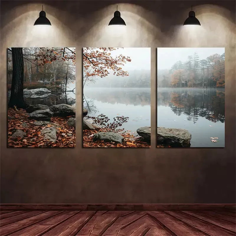 3pcs Beautiful Lake in Autumn Trees & Forest Canvas Framed 40x60cm - High Quality Print 100% Australian Made Wall Canvas Ready to Hang