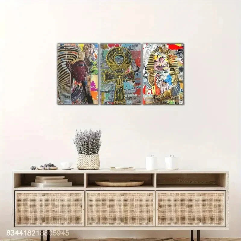 3pcs Egyptian King'S Set Design, Minimalist Metal Print Ready to Hang Art