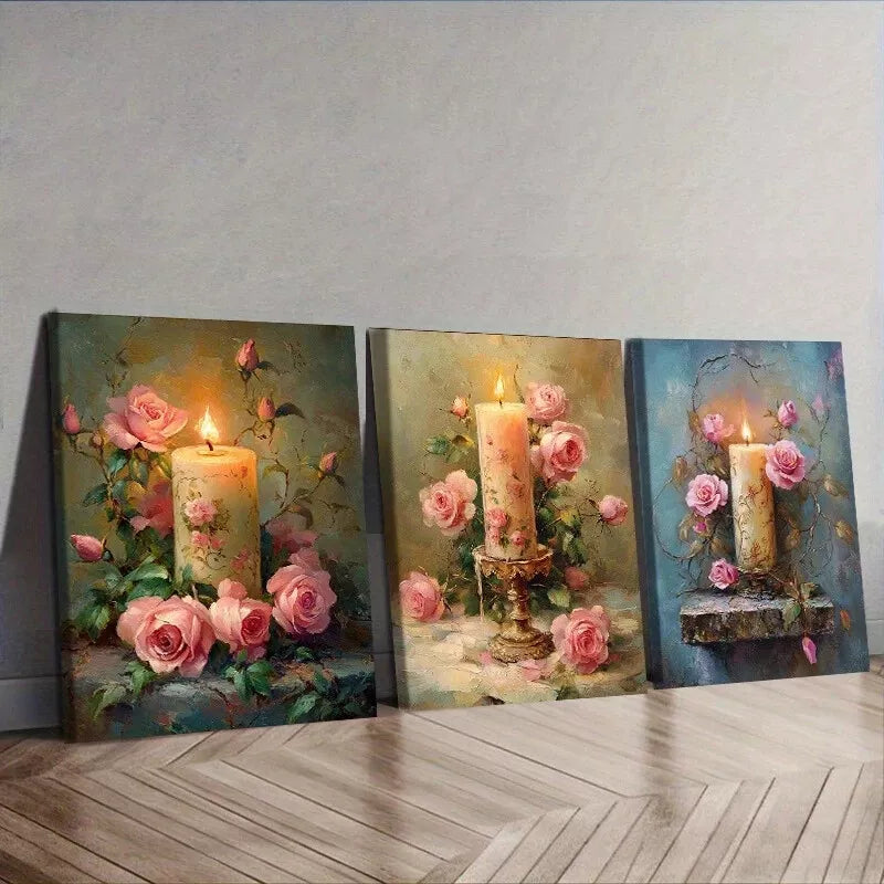 3pcs Pink Roses & Candle Wall Art Set Canvas Framed 40x60cm - High Quality Print 100% Australian Made Wall Canvas Ready to Hang