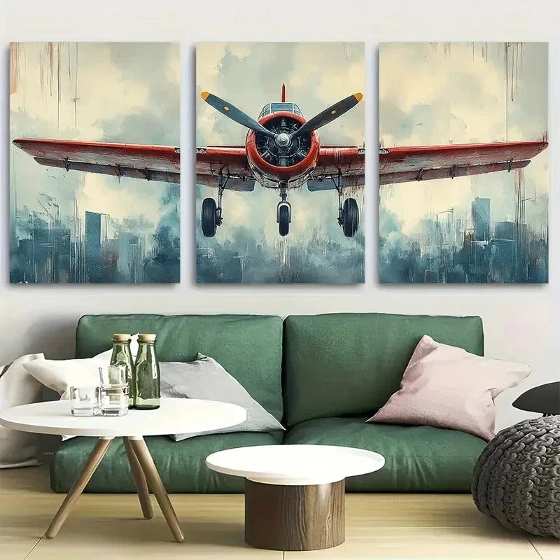 3pcs Vintage Biplane Cool Airplane Metal Print Ready to Hang Art