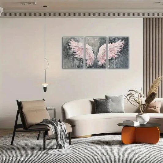 3pcs Angel Wings Pink Grey Design Abstract Metal Print Ready to Hang Art
