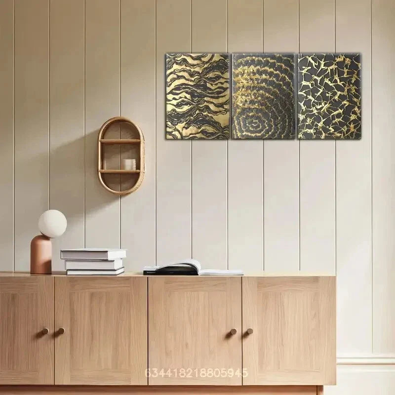 3pcs Golden Wave, Spiral, and Geometric Patterns Metal Print Ready to Hang Art