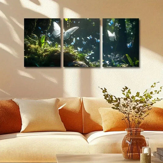 3pcs Vibrant Blue & White Butterflies in Sunlit Metal Print Ready to Hang Art