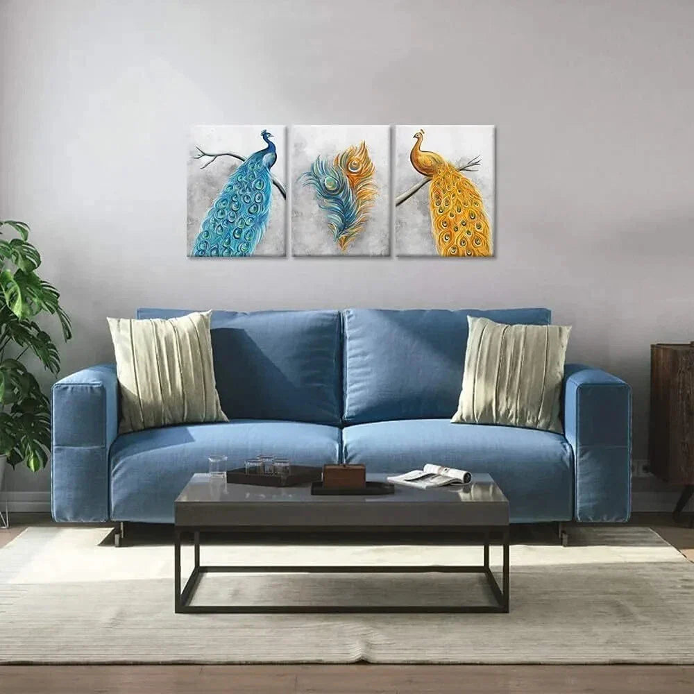 3pcs Peacock and Golden Abstract Animal Metal Print Ready to Hang Art