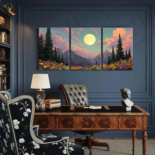 3pcs Moonlit Mountain Landscape Wildflowers Metal Print Ready to Hang Art