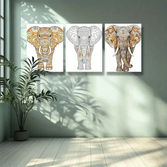 3pcs Stylized elephant Art Painting Metal Print Ready to Hang Art