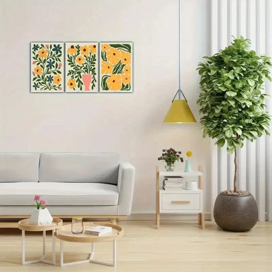 3pcs Abstract Style Yellow & Orange Flowers Metal Print Ready to Hang Art