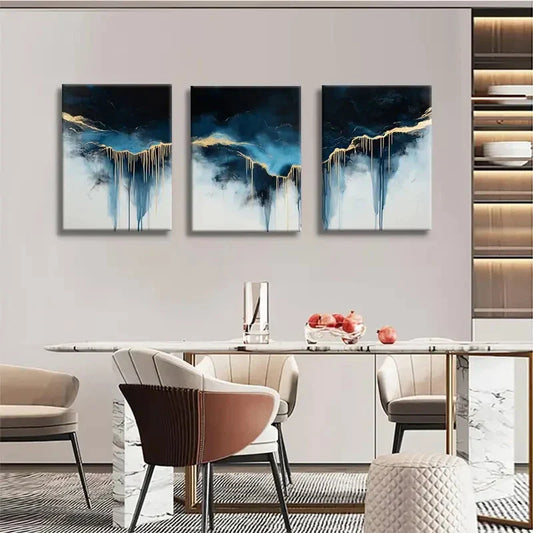 3pcs Modern Luxury Abstract Blue & Golden Drip Metal Print Ready to Hang Art