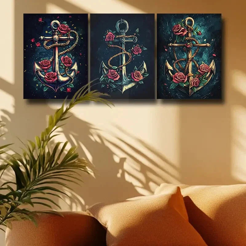 3pcs An Anchor with Roses Design Metal Print Ready to Hang Art
