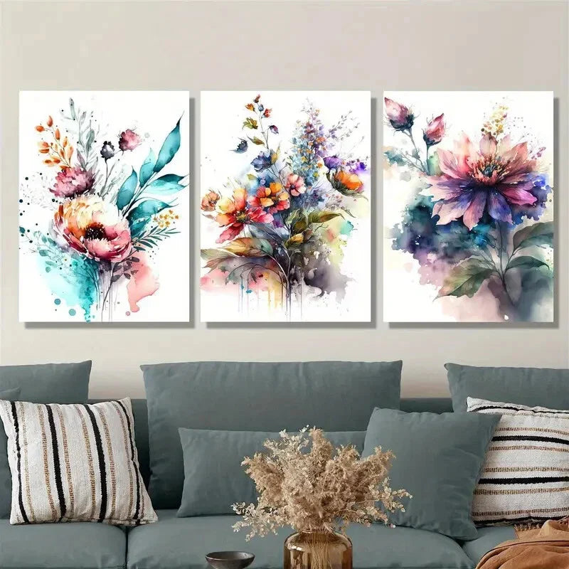 3pcs Bouquet of watercolor colorful flowers iso Metal Print Ready to Hang Art