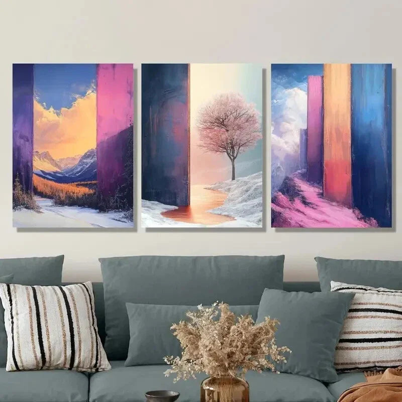 3pcs ,Cherry Blossoms & Color Block Graffiti, Metal Print Ready to Hang Art
