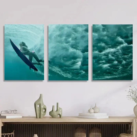 3pcs Surfer Girl, Sea Waves, Sports Metal Print Ready to Hang Art