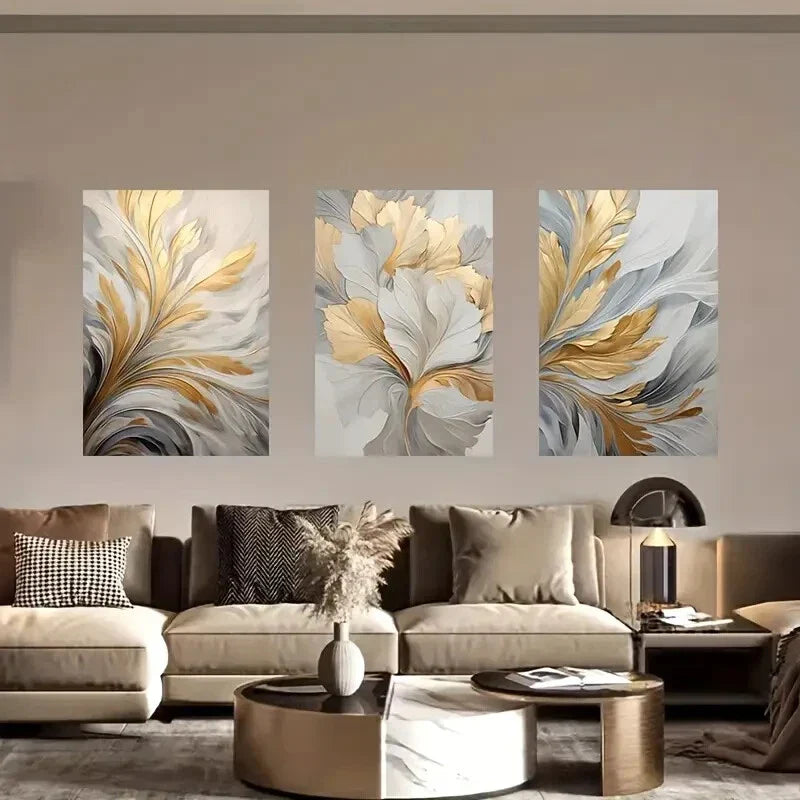 3pcs Golden Leaf Metal Print Ready to Hang Art