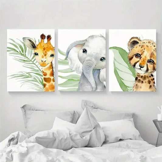 3pcs Jungle Giraffe Elephant Lion Painting Metal Print Ready to Hang Art