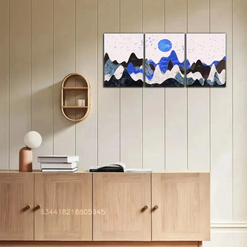 3pcs Dark starry sky, Golden moon, Golden distant Metal Print Ready to Hang Art
