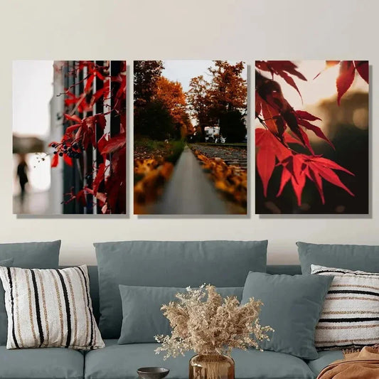 3pcs Golden autumn leaves on track, Metal Print Ready to Hang Art