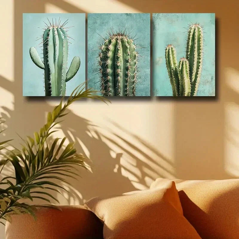 3pcs Green Cactus Trio Design Metal Print Ready to Hang Art