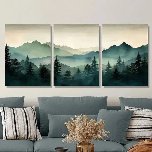 3pcs Abstract Watercolor Green Mountain Landscape Metal Print Ready to Hang Art