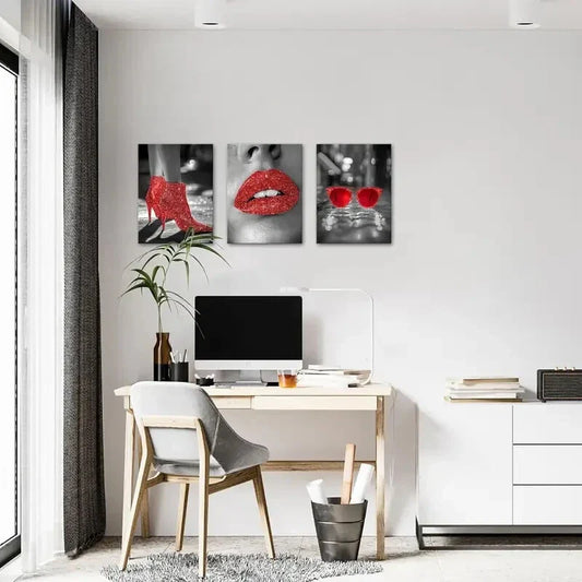 3pcs Red Lips Fashion High Heels Fashion Metal Print Ready to Hang Art