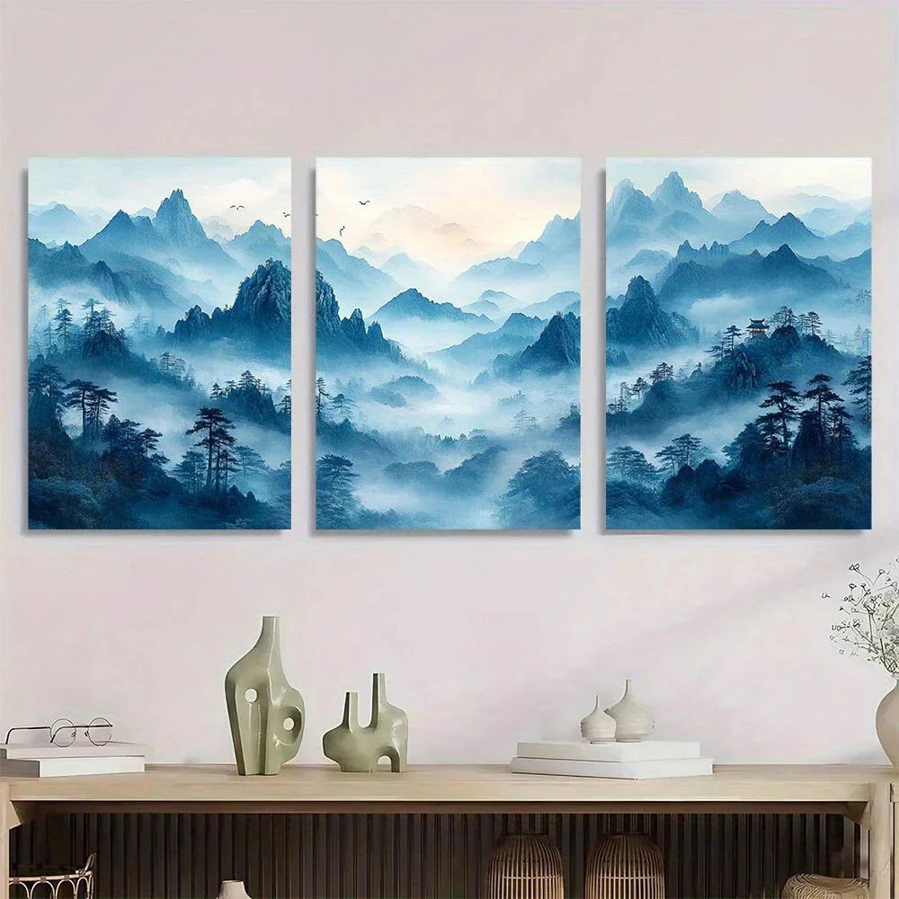 3pcs Chinese Style Mountain Blue Hues Metal Print Ready to Hang Art
