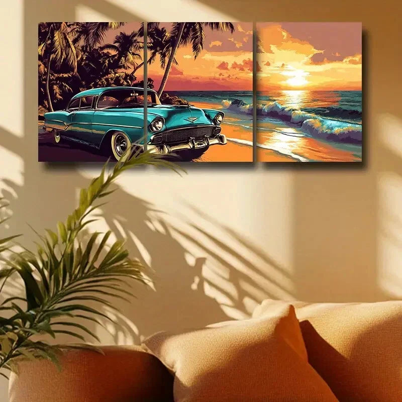 3pcs Vibrant Sunset Car Print Ready to Hang Art