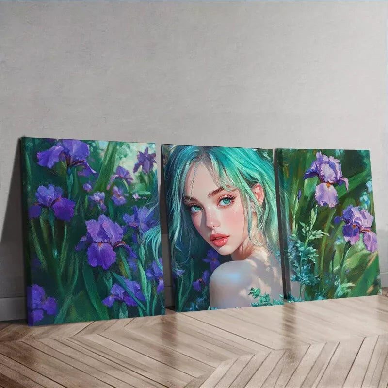 3pcs Purple Flowers Lady With Green Eyes Wall Art Set Canvas Framed 40x60cm - High Quality Print 100% Australian Made Wall Canvas Ready to Hang