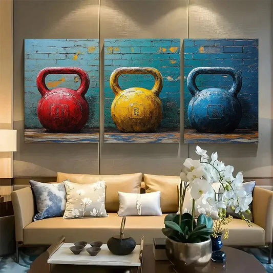 3pcs Colorful Kettlebells Vibrant Fitness Design Metal Print Ready to Hang Art