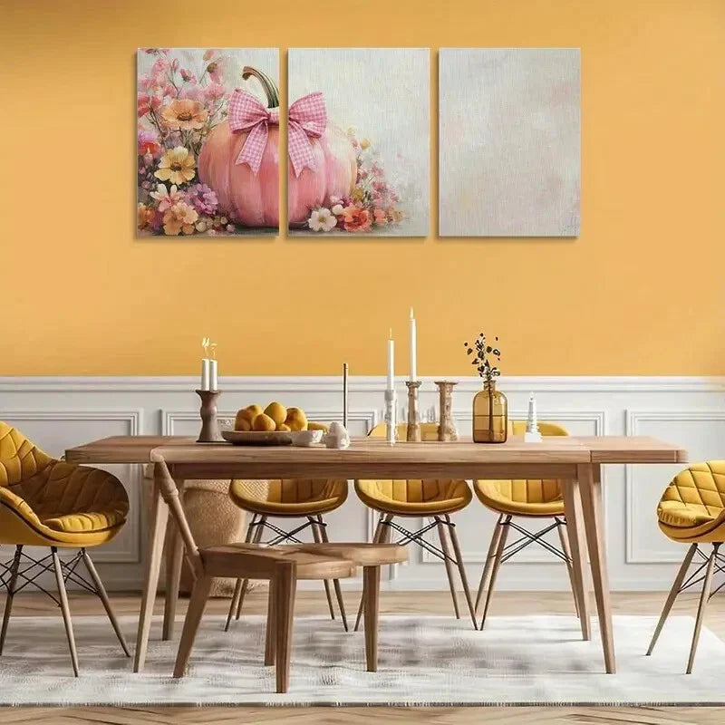 3pcs Pink Pumpkin with Floral Accents & Ribbon Metal Print Ready to Hang Art