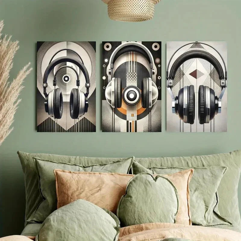 3pcs Modern & Vintage Headphone Designs Metal Print Ready to Hang Art