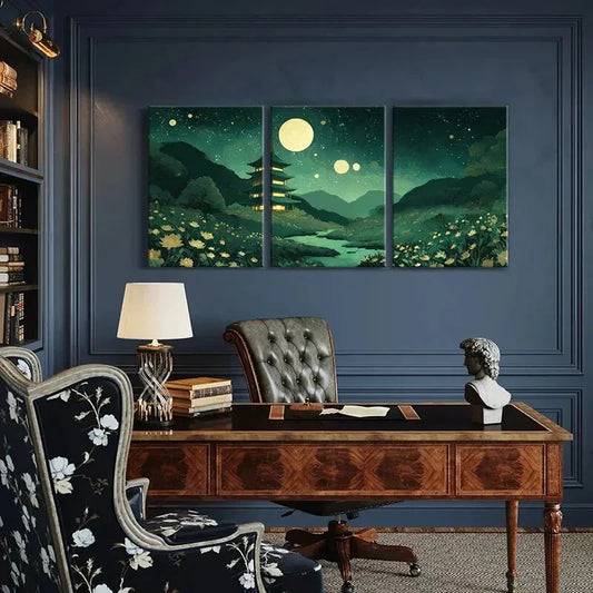 3pcs Serene Night Sky Stars & Glowing Flowers Metal Print Ready to Hang Art