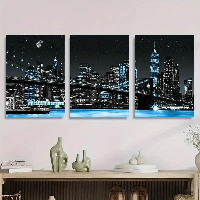 3pcs Black White New York City Night with Star Metal Print Ready to Hang Art
