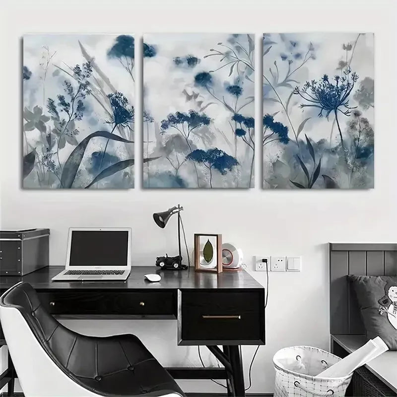 3pcs Blue Grey Flower Leaf Canvas Framed 40x60cm - High Quality Print 100% Australian Made Wall Canvas Ready to Hang