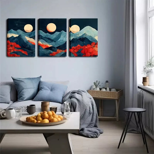 3pcs Abstract Mountain, 3 Moon Wall Art Set Canvas Framed 40x60cm - High Quality Print 100% Australian Made Wall Canvas Ready to Hang