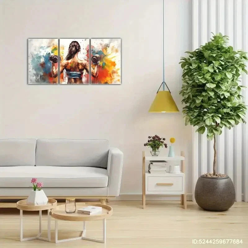 3pcs Stylish Girl Lifting Dumbbells Oil Painting Metal Print Ready to Hang Art
