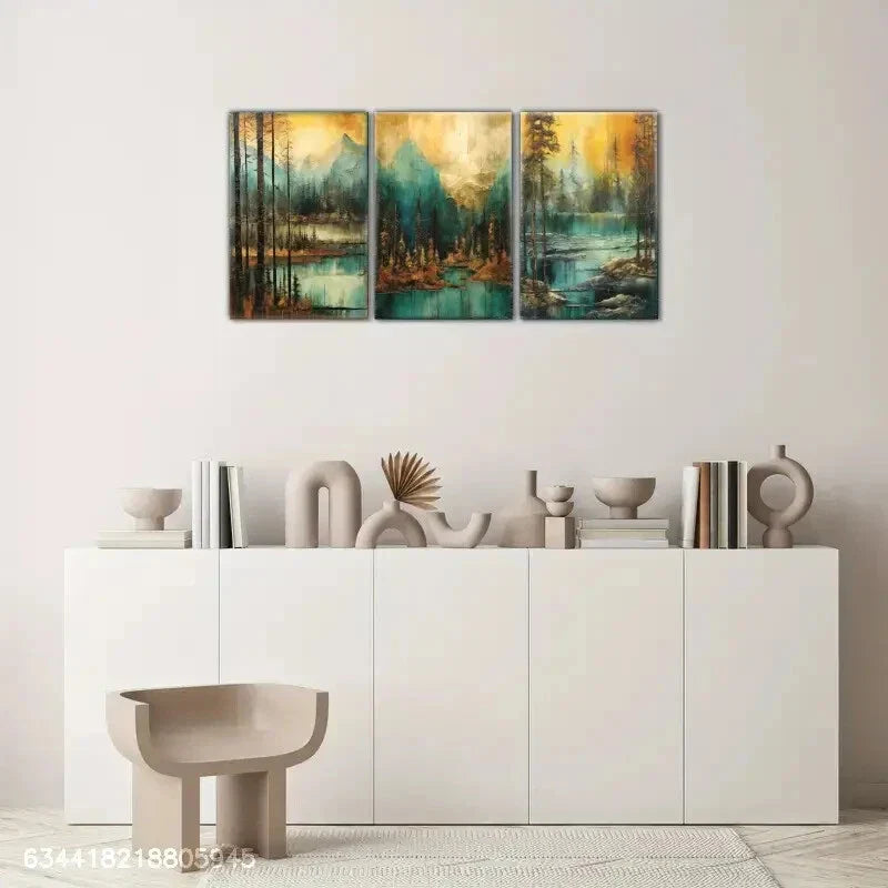 3pcs Golden Forest Art, Golden Blue Mountain Lake Metal Print Ready to Hang Art