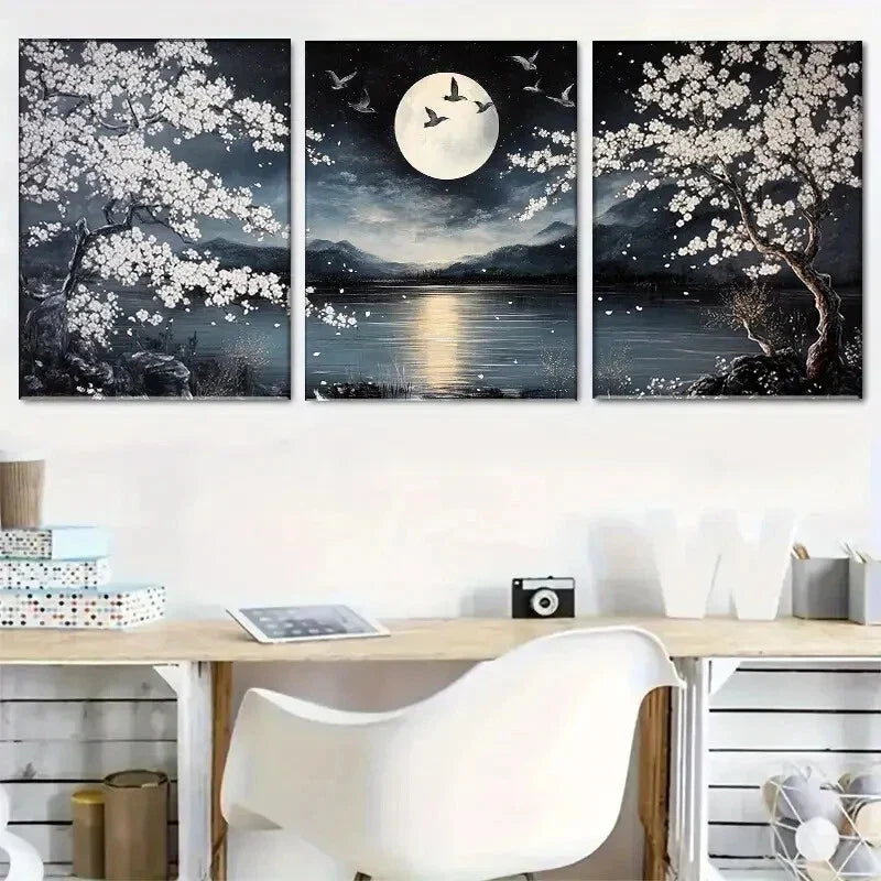 3pcs Nighttime Cherry Blossom Landscape Metal Print Ready to Hang Art