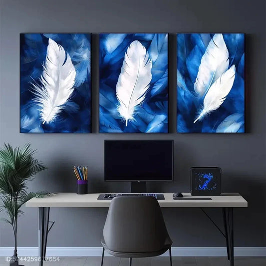 3pcs White Feathers On A Blue Background Metal Print Ready to Hang Art
