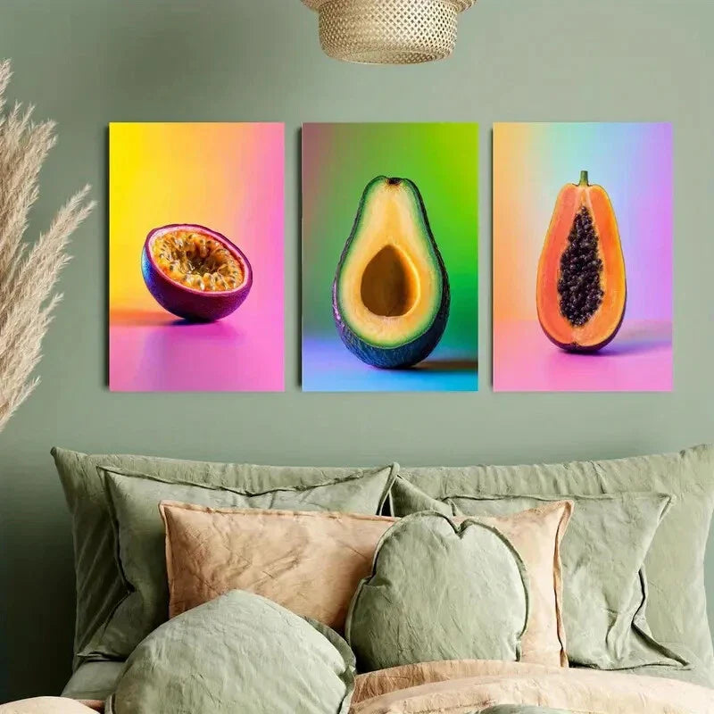 3pcs Rainbow Color Fruit Metal Print Ready to Hang Art