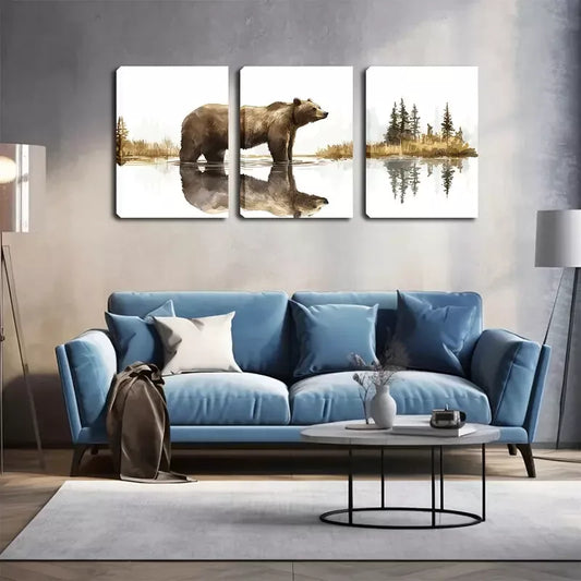 3pcs Bear Standing on The Lake Wall Art Set Canvas Framed 40x60cm - High Quality Print 100% Australian Made Wall Canvas Ready to Hang