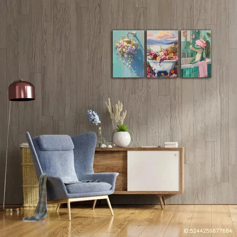 3pcs Crocodile Taking a Bath in The Bathroom Metal Print Ready to Hang Art