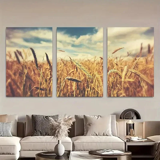 3pcs Golden Wheat Field Photography Farmhouse Metal Print Ready to Hang Art