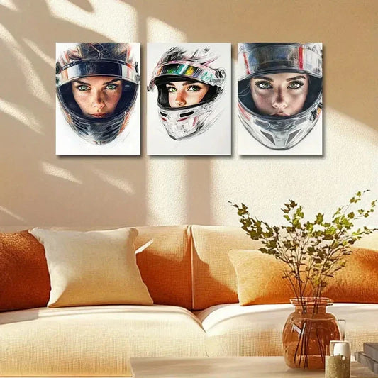 3pcs The Woman in the Helmet Design Metal Print Ready to Hang Art