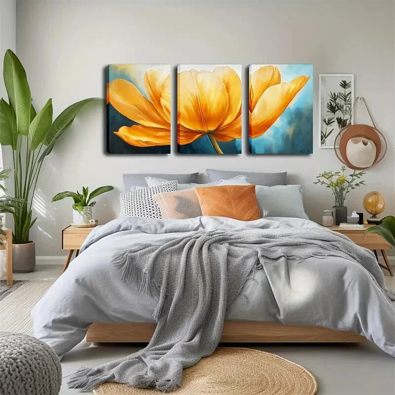 3pcs Yellow Tulip on Blue Background Perfect Wall Art Set Canvas Framed 40x60cm - High Quality Print 100% Australian Made Wall Canvas Ready to Hang