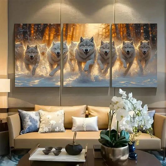 3pcs Pack Of Wolves Running Through Snowy Tundra Metal Print Ready to Hang Art