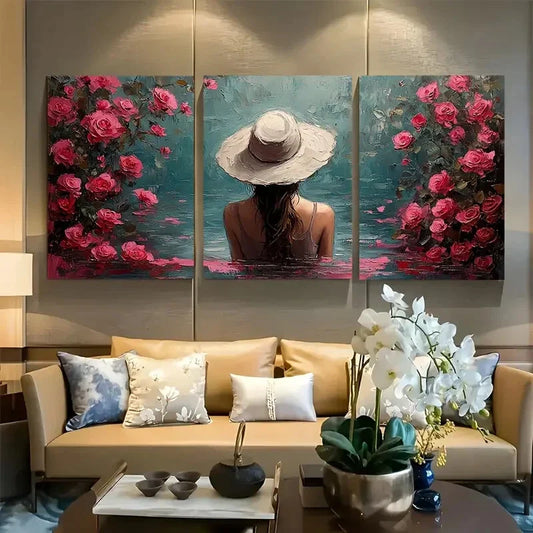 3pcs Romantic Woman in Floral Water Metal Print Ready to Hang Art