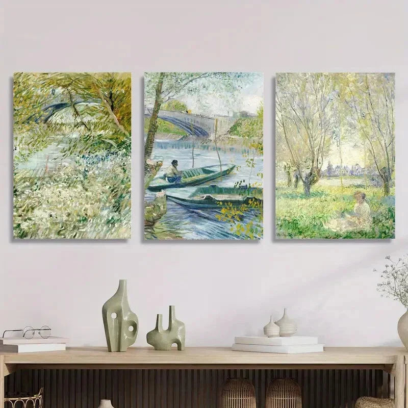 3pcs Spring River Bank & Willow Tree Scenes, Metal Print Ready to Hang Art