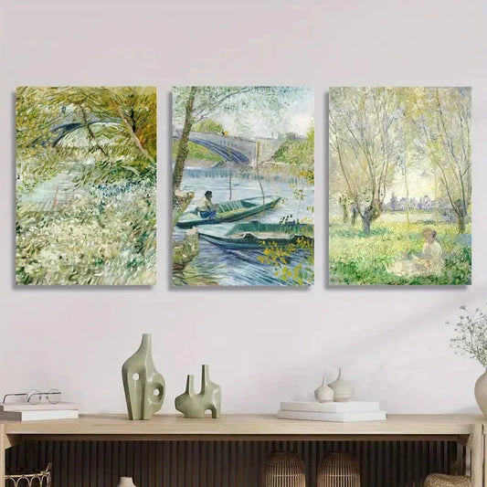 3pcs Spring River Bank & Willow Tree Scenes, Metal Print Ready to Hang Art