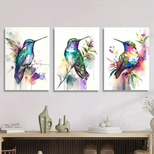 3pcs Watercolor Hummingbird Metal Print Ready to Hang Art